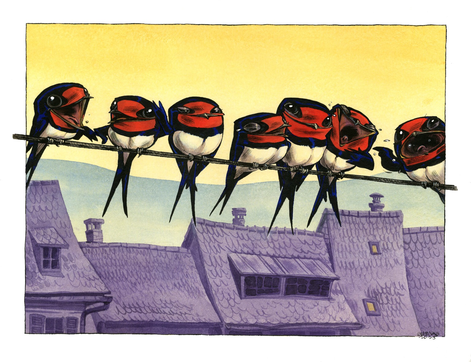 Guznag Copyright Original Oiseaux Hirondellels Les Pipelettes drawing by guznag