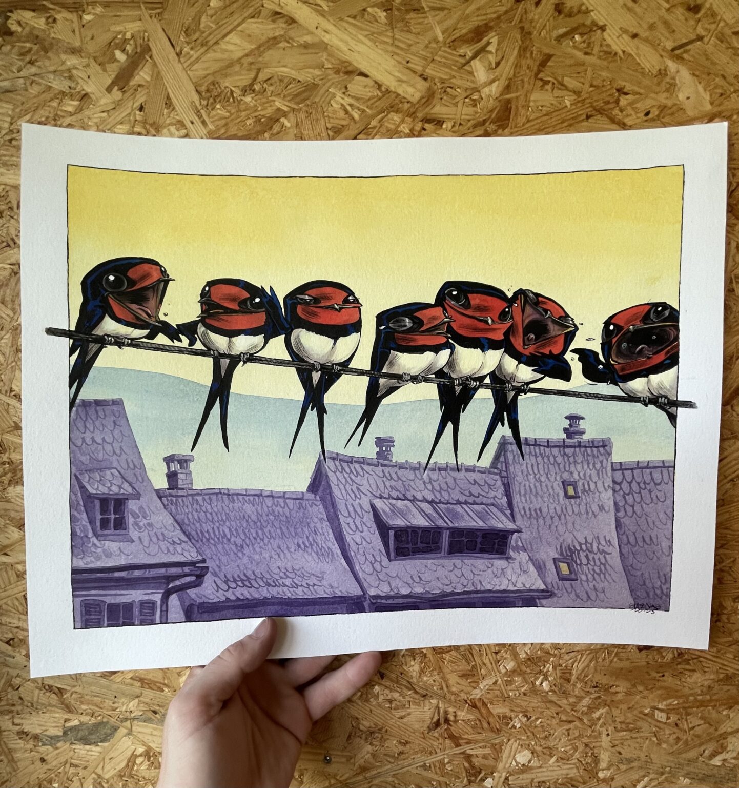 Guznag Copyright Original Oiseaux Hirondellels Les Pipelettes Photo drawing by guznag