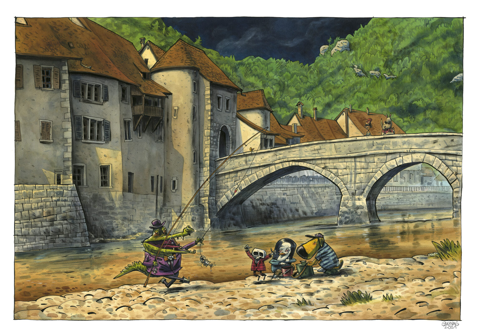 Guznag Copyright Original St Ursanne Pêcheurs drawing by guznag